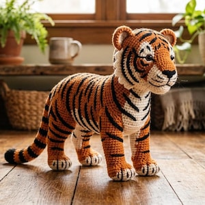 Puede incluir: Una figura de tigre hecha a mano con ganchillo. El tigre tiene rayas naranjas y negras, detalles blancos y una cara detallada. Está de pie sobre sus cuatro patas, con la cola ligeramente curvada. Es un artículo decorativo.