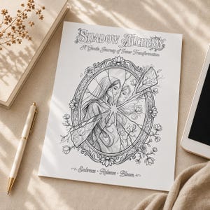 May include: A black and white illustration titled "Shadow Alchemy: A Gentle Journey of Inner Transformation." The image features two women within a floral-framed oval, with the words "Embrace, Release, Bloom" below. A pen and book are on the left.