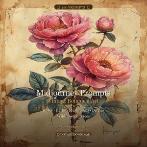 May include: A watercolour illustration of pink roses and green leaves on aged paper. The image features the text "Midjourney Prompts Vintage Botanical Art" and "150 PROMPTS".
