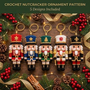 Könnte beinhalten: Fünf gehäkelte Nussknacker-Ornamente in verschiedenen Farben wie Rot, Blau, Grün, Weiß und Schwarz. Jede Figur trägt eine hohe Mütze mit goldenem Emblem, eine passende Uniform mit Goldverzierungen und eine goldene Schlaufe zum Aufhängen.