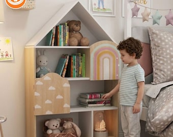 Montessori House Bookshelf – 4 Tier Front Facing Toddler Book Display, Wooden Nursery Storage Organizer