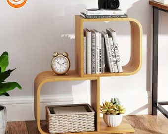 Bamboo S-Shaped Bookshelf – Geometric Natural Wood Storage Shelf, Minimalist Decor, Small Space Organizer