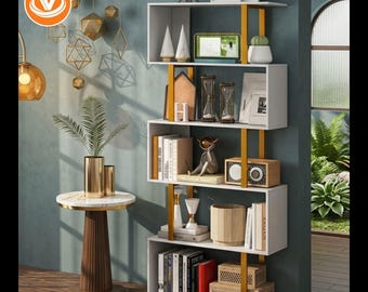 White Gold Geometric Bookshelf – 5 Tier Modern Display Bookcase Storage Unit