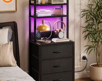 3-Drawer LED Nightstand with Charging Station – Modern Bedside Storage Table