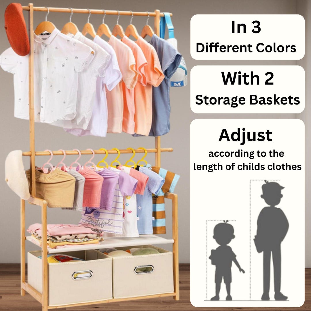 Kids Wooden Clothing Rack With Shelf – Montessori Wardrobe, Dress up ...