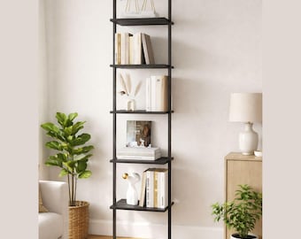 5 Tier Ladder Bookshelf – Rustic Wood Leaning Shelf for Small Spaces