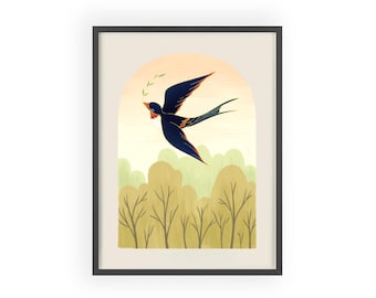 Póster enmarcado con ilustración de una golondrina – Lámina artística vintage, escena apacible