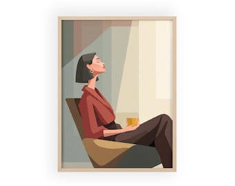 Póster ilustrado de una mujer relajándose / Marco de madera de 3 colores, obra de arte para la decoración del hogar