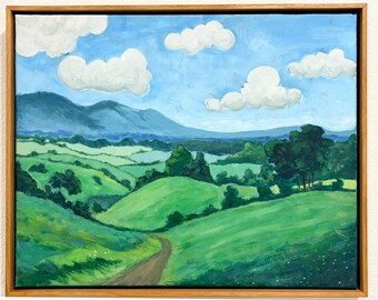 Original Acrylic Painting Rolling Meadows  16x20 Framed, Green Hills Mountain Landscape Canvas Art