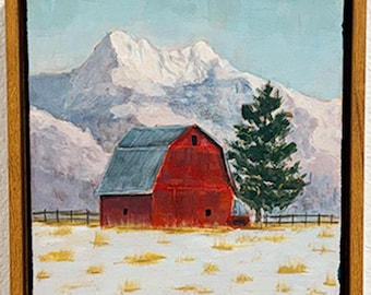 Original Winter Barn Acrylic Painting 8x8 Framed, Rustic Red Barn Mountain Canvas Art