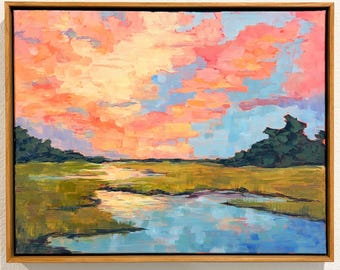 Original  Acrylic Painting Sunset on the Marsh 16x20 Framed, Coastal Wetland Landscape Canvas Art