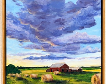 Original Acrylic Painting Stormy Farm,  Framed ,16x20