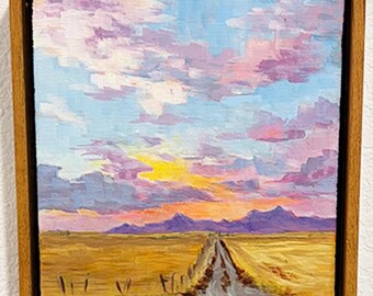 Original High Plains Road Acrylic Painting 8x8 Framed, Western Sunset Country Road Canvas Art