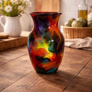 May include: A colorful glass vase with a swirling pattern of red, orange, yellow, green, blue, and purple. The vase is on a wooden surface. A white pitcher with flowers is in the background.
