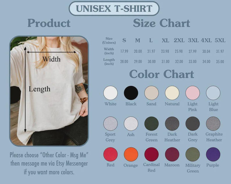 K&ouml;nnte beinhalten: Eine Gr&ouml;&szlig;entabelle f&uuml;r Unisex-T-Shirts mit Ma&szlig;en in Zoll. Die Tabelle umfasst die Gr&ouml;&szlig;en S bis 5XL, mit einer Breite von 45,69 cm bis 81,10 cm und einer L&auml;nge von 71,12 cm bis 88,90 cm. Eine Farbkarte zeigt verschiedene Optionen, darunter Wei&szlig;, Schwarz und Rot.
