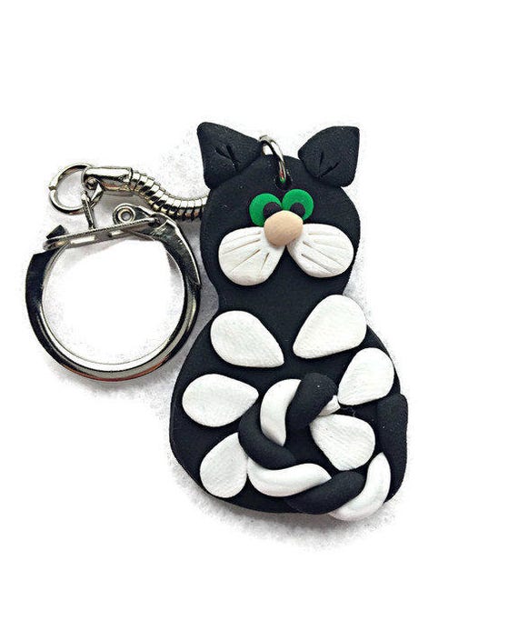 Handmade Polymer Clay Black Cat Keychain Etsy