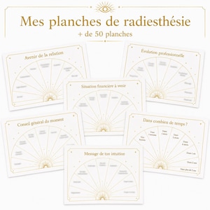 May include: A collection of white cards with gold-colored illustrations and text. The cards feature a sunburst design and phrases like "Relationship Future" and "Financial Situation". The text "Mes planches de radiesthésie" is at the top.