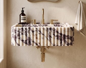 Handcrafted Fluted Calacatta Viola Marble Floating Sink