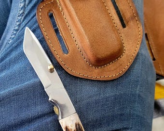 Damascus Steel Folding Knife with Deer Antler Handle and Leather Sheath