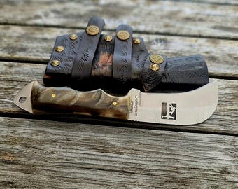 Lineman Knife With Tooled Leather Sheath, Ram Horn Handle, Gift For Him, Gift For Lineman