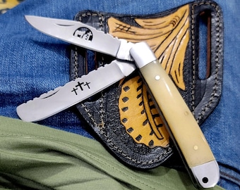 Handmade j2 steel praying cowboy folding knife with bone handle