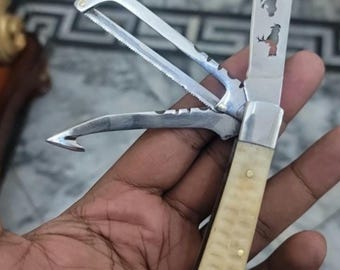 Handgemaakt j2-stalen gamecock-uitspoorzaagzakmes / handvat van wit been / haanmes / mes van jachtwild / cocker man edc-mes