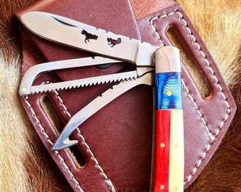 Handmade j2 steel Gamecock spur saw folding knife / white bone handle / rooster knife / gamefowl knife / cocker man edc knife