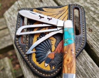 Handmade j2 steel Gamecock spur saw folding knife / turquoise handle / rooster knife / gamefowl knife / cocker man edc knife