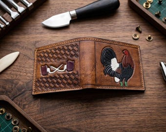 Cartera de cuero con diseño de gallo, elaborada a mano, estilo western (curtido vegetal).