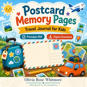 Postcard Memory Pages | Travel Journal for Kids | Printable PDF | Digital Download image 1