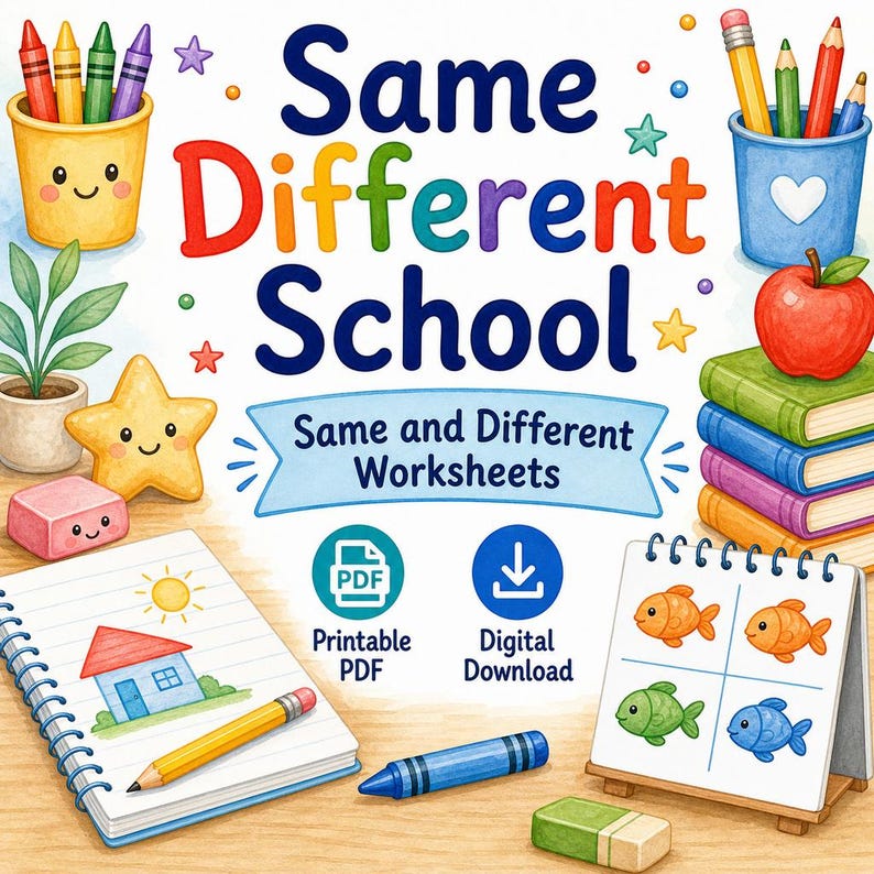 Same Different School | Same and Different Worksheets | Printable PDF | Digital Download image 1