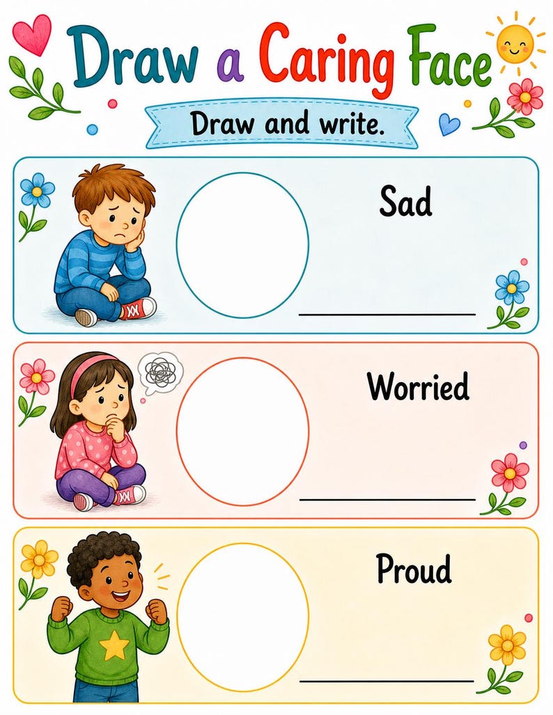 Visages empathiques | Feuilles de travail sur l'empathie pour les enfants | PDF imprimable | Téléchargement numérique image 6