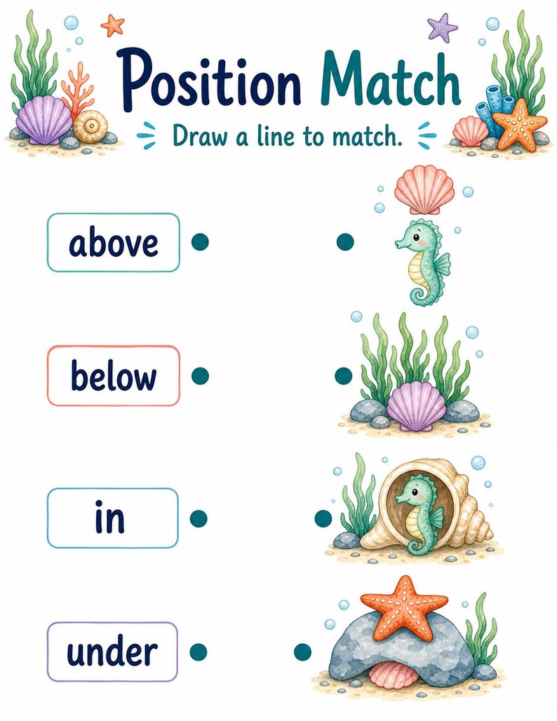 Seahorse Position Words | Position Worksheets | Printable PDF | Digital Download image 4