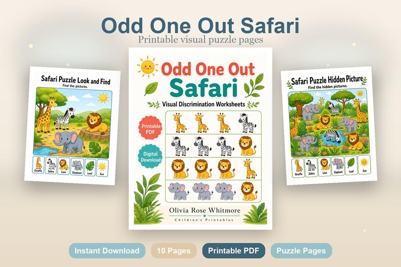 Odd One Out Safari | Visual Discrimination Worksheets | Printable PDF | Digital Download image 2