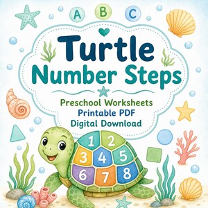Turtle Number Steps | Preschool Worksheets | Printable PDF | Digital Download image 1