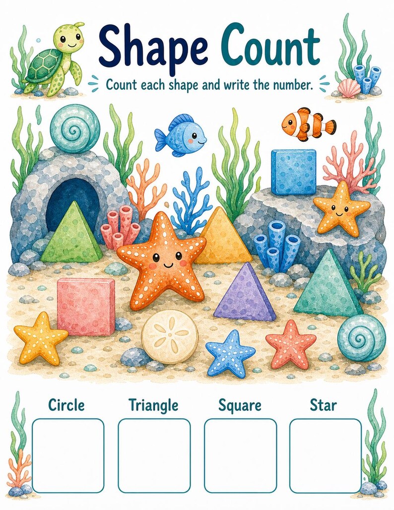 Caça às Estrelas-do-Mar | Folhas de Atividades com Formas | PDF para Imprimir | Download Digital imagem 6