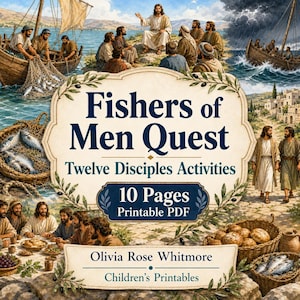 May include: A printable PDF titled Fishers of Men Quest Twelve Disciples Activities 10 Pages by Olivia Rose Whitmore Children's Printables. The cover features illustrations of biblical scenes including fishing boats, Jesus teaching, and a group meal.