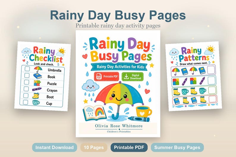 Regenachtige dag drukke pagina's | Regenachtige dagactiviteiten voor kinderen | Afdrukbare pdf | Digitale download afbeelding 2