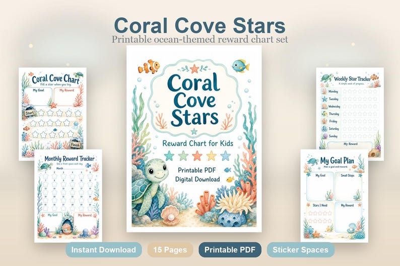 Coral Cove Stars | Reward Chart for Kids | Printable PDF | Digital Download image 2