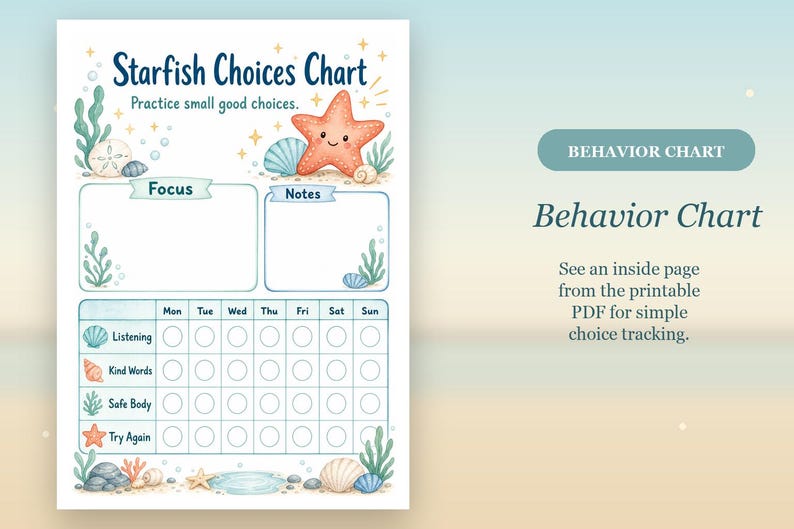 Starfish Kind Choices | Behavior Chart for Kids | Printable PDF | Digital Download image 6