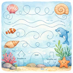 May include: Watercolor illustration of an underwater scene with a dolphin, starfish, and various seashells. Dotted lines guide the eye, with text indicating "breathe in," "hold," and "breathe out." The color palette includes blues, oranges, and greens.