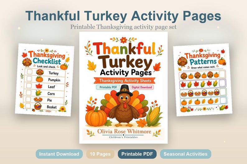Thankful Turkey Activity Pages | Thanksgiving Activity Sheets | Printable PDF | Digital Download image 2