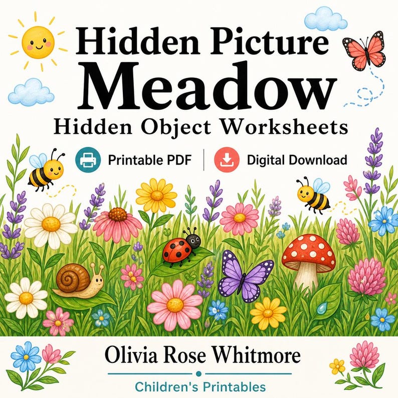 Hidden Picture Meadow | Hidden Object Worksheets | Printable PDF | Digital Download image 1