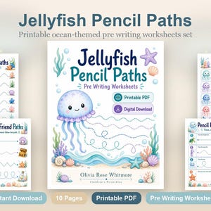 Jellyfish Pencil Paths | Pre Writing Worksheets | Printable PDF | Digital Download image 2