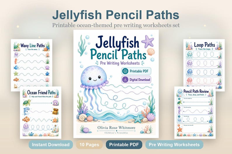 Jellyfish Pencil Paths | Pre Writing Worksheets | Printable PDF | Digital Download image 2
