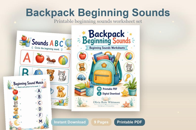 Backpack Beginning Sounds | Beginning Sounds Worksheets | Printable PDF | Digital Download image 2