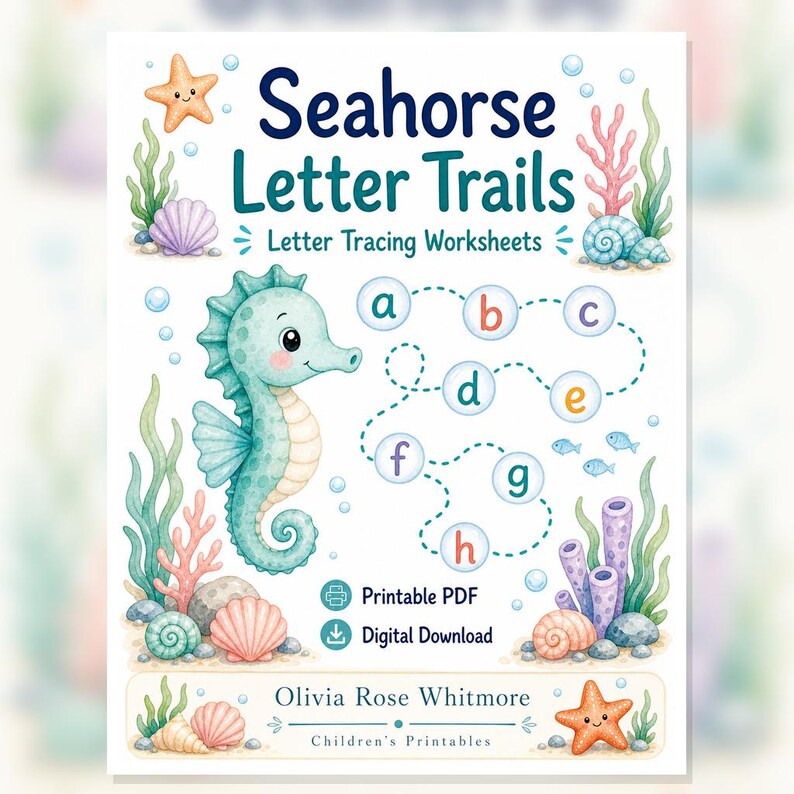 Seahorse Letter Trails | Letter Tracing Worksheets | Printable PDF | Digital Download image 1