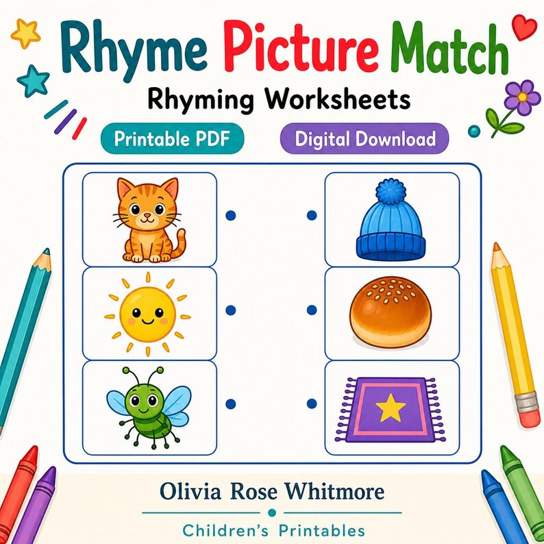 Rhyme Picture Match | Rhyming Worksheets | Printable PDF | Digital Download image 1