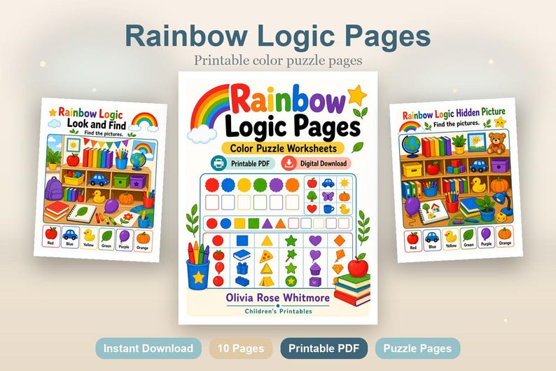 Rainbow Logic Pages | Color Puzzle Worksheets | Printable PDF | Digital Download image 2