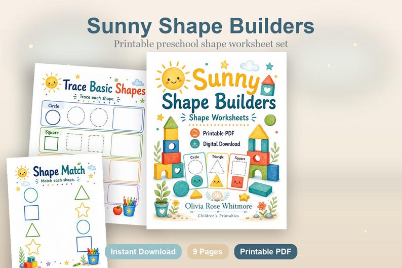 Sunny Shape Builders | Vormwerkbladen | Afdrukbare pdf | Digitale download afbeelding 2